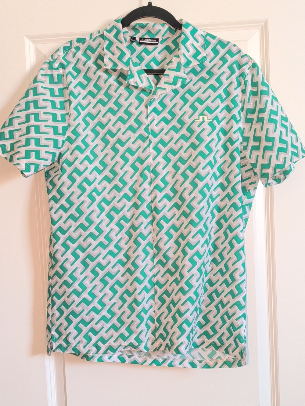 J. Lindeberg Short-Sleeve Geometric Print Golf Shirt - Mint Green & White